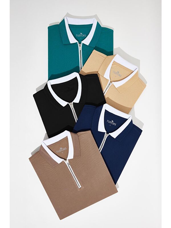 TUDORS Erkek 5'Li Paket Lacivert-Siyah-Vizon-Yeşil-Kum Slim Fit Pamuklu Düz Fermuarlı Pike Polo Yaka Tişört