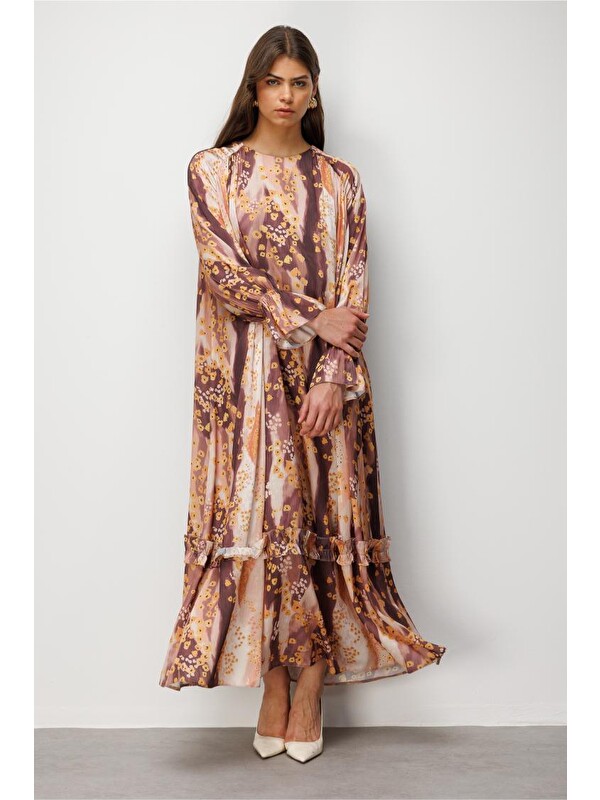 Mizalle Desenli Floral Detaylı Maksi Elbise