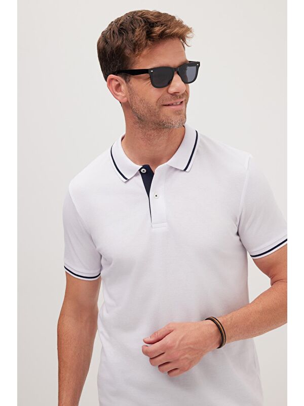 TUDORS Erkek Slim Fit Dar Kesim %100 Pamuk Yumuşak Dokulu Serin Tutan Kumaş Düz Pike Beyaz Polo Yaka Tişört