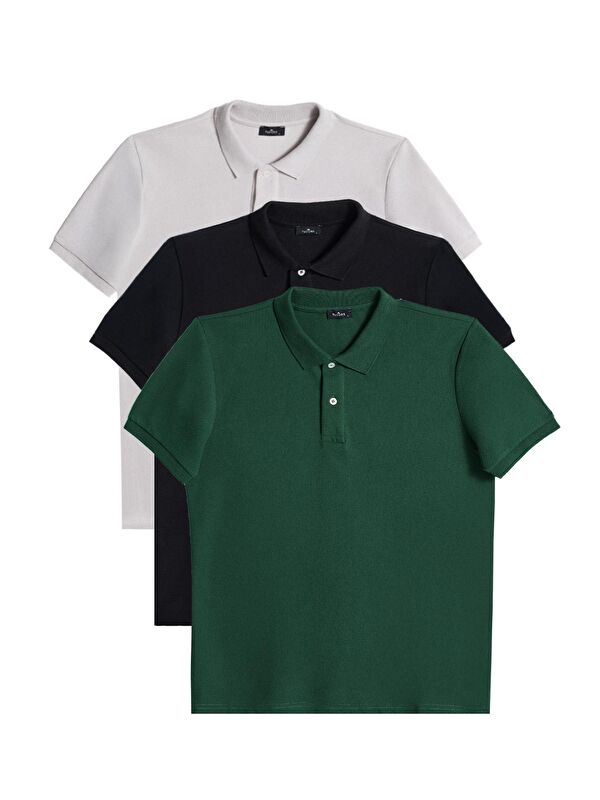 TUDORS Erkek 3'Lü Paket Gri-Siyah-Yeşil Slim Fit Dar Kesim Pamuklu Düz Pike Polo Yaka Tişört
