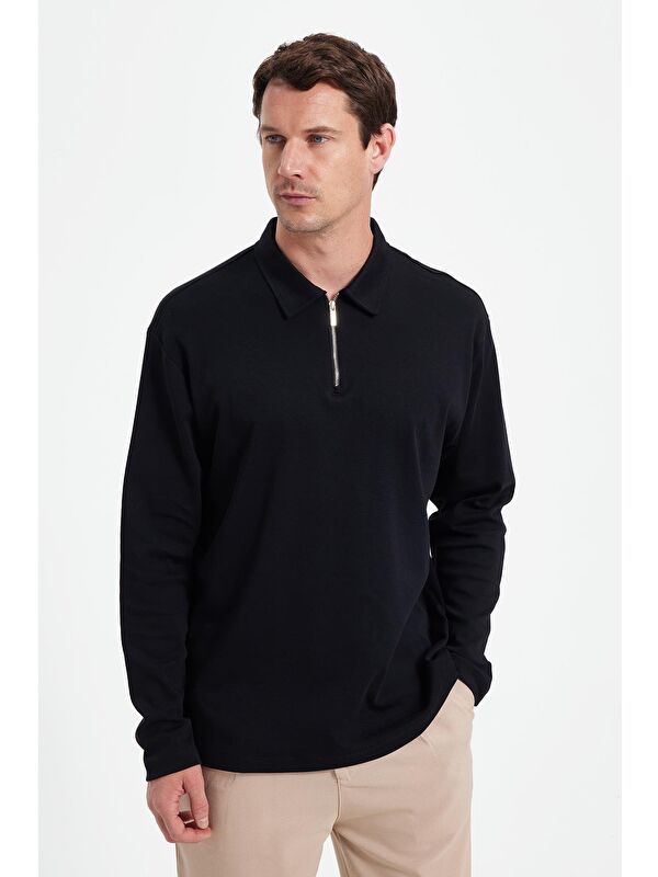 TUDORS Erkek Relax Fit Rahat Kesim %100 Pamuk Yarım Fermuarlı Polo Yaka İnterlok Siyah Sweatshirt