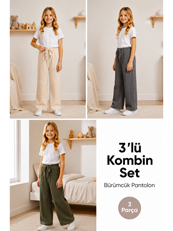 Harika Kids Kız Çocuk Bürümcük Kumaş Bol Paça Rahat Model Tek Alt (3'lü Paket)