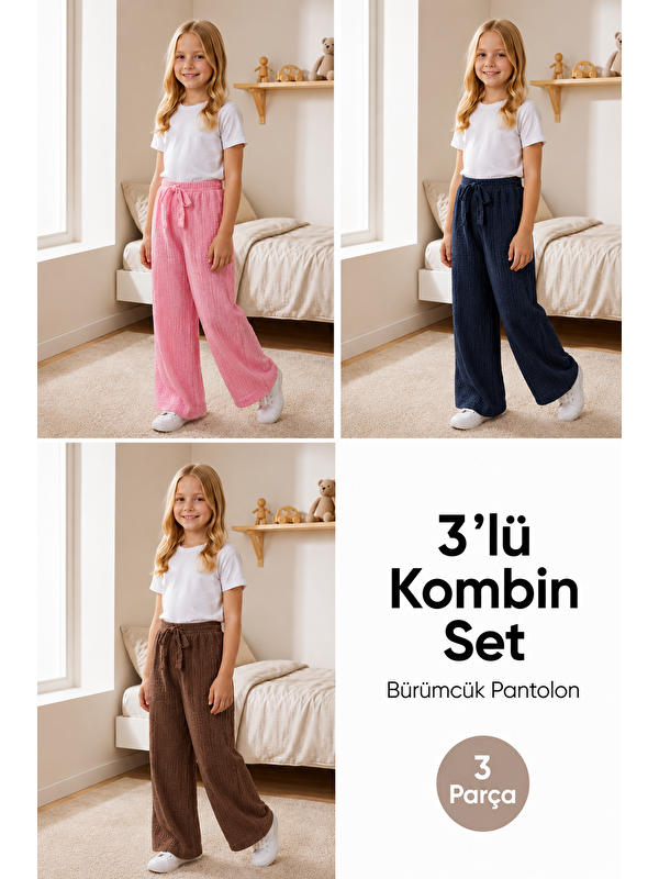 Harika Kids Kız Çocuk Bürümcük Kumaş Bol Paça Rahat Model Tek Alt (3'lü Paket)
