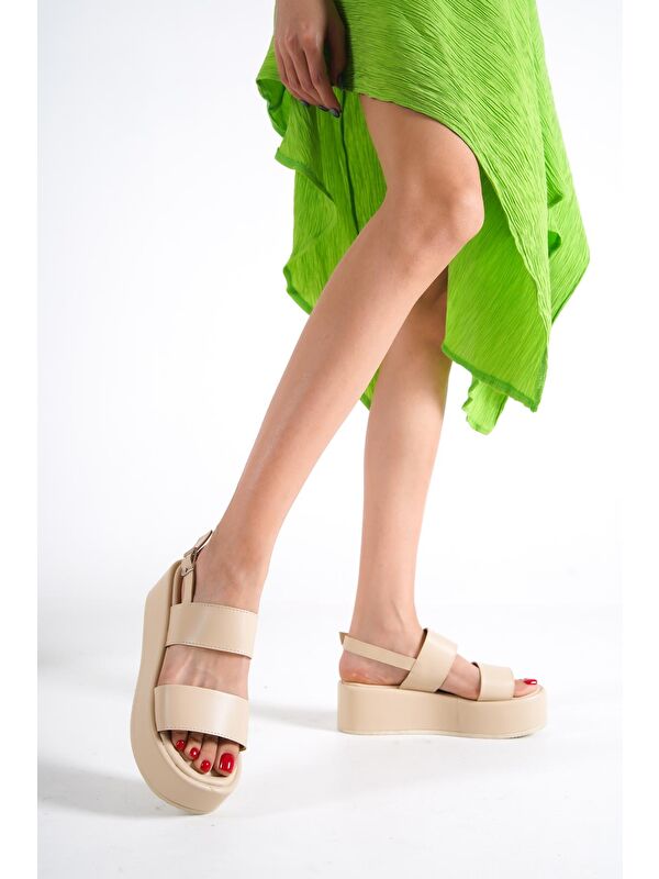 Kalın Çift Bantlı Dolgu Topuklu Kadın Flatform Sandalet - Görsel 5