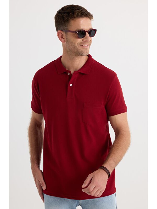 TUDORS Erkek Regular Fit Klasik Kesim %100 Pamuk Düz Pike Bordo Polo Yaka Tişört