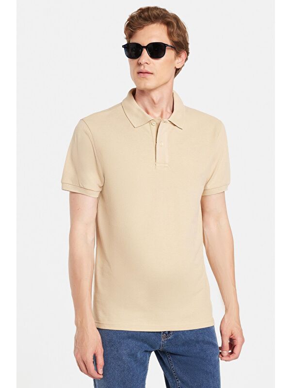 TUDORS Erkek Slim Fit Dar Kesim %100 Pamuk Bej Polo Yaka Tişört