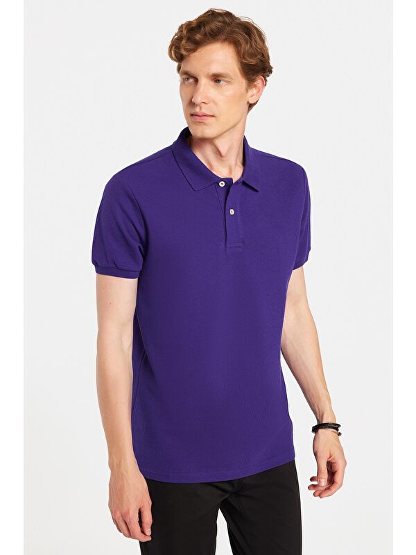 TUDORS Erkek Slim Fit Dar Kesim %100 Pamuk Mor Polo Yaka Tişört