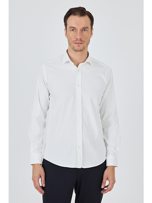 İMZA Ekru Yarım İtalyan Yaka Cepsiz Gabardin Uzun Kol Slim Fit Esnek Gömlek 1004250235