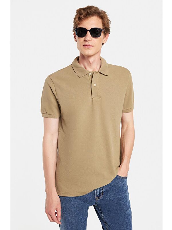 TUDORS Erkek Slim Fit Dar Kesim %100 Pamuk Haki Polo Yaka Tişört
