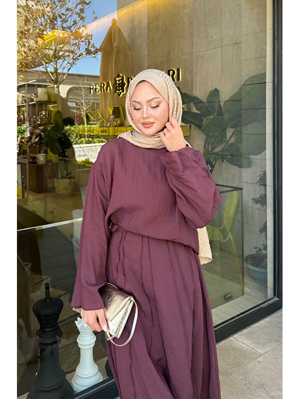 Locco Moda Kadın Kendinden Desenli İkili Takım Mürdüm
