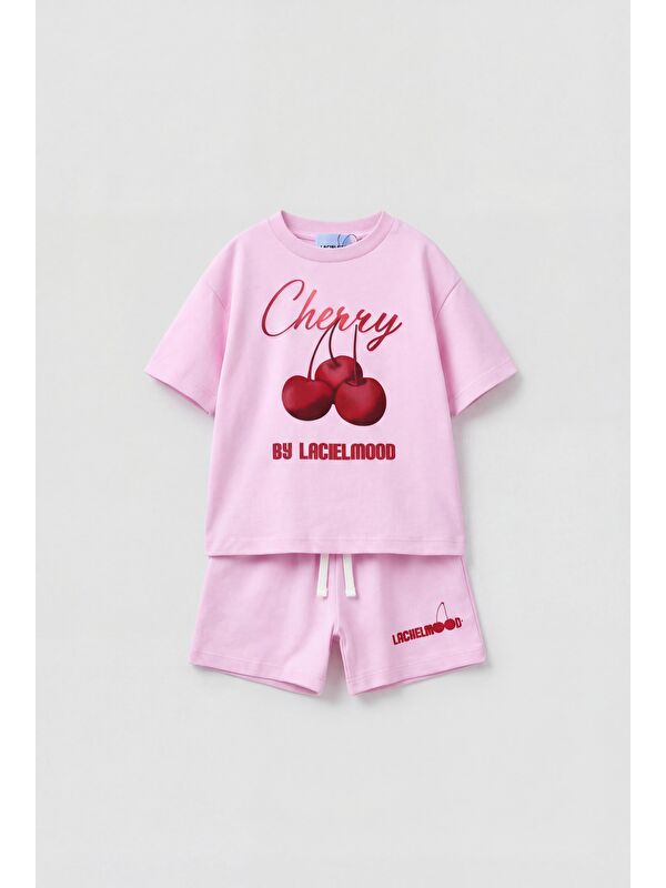 Magu Kız Çocuk Pamuklu Pembe Kiraz Baskılı T-Shirt Şort Takım
