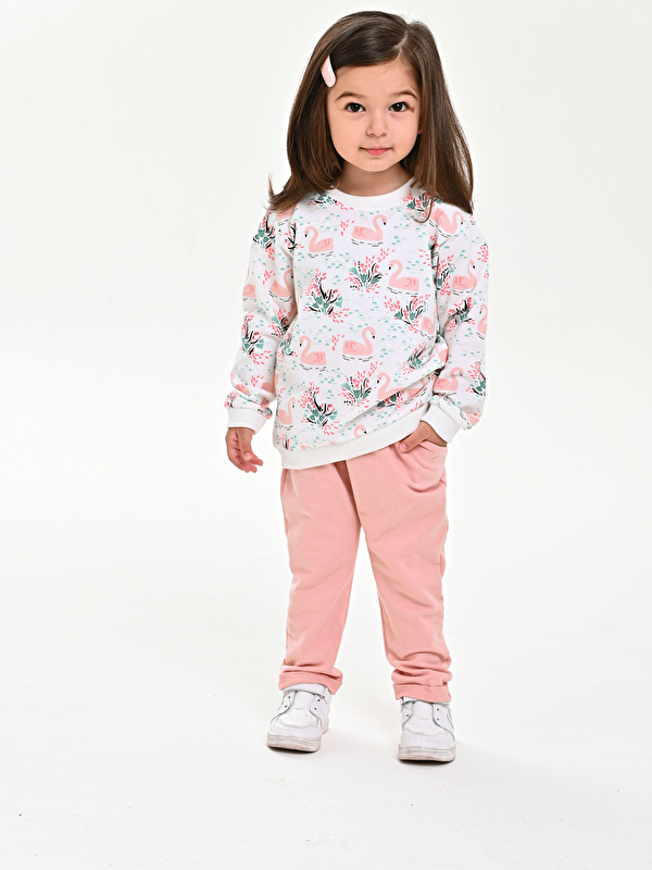 Luggi Baby Bisiklet Yaka Baskılı Kız Bebek Sweatshirt ve Eşofman Alt 2'li Takım