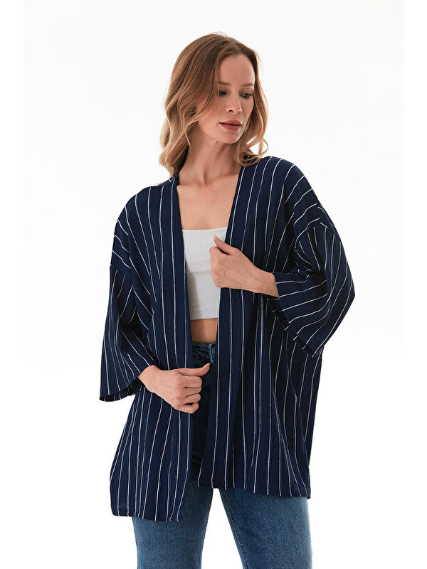 Fullamoda Çizgili Bürümcük Kumaş Kimono
