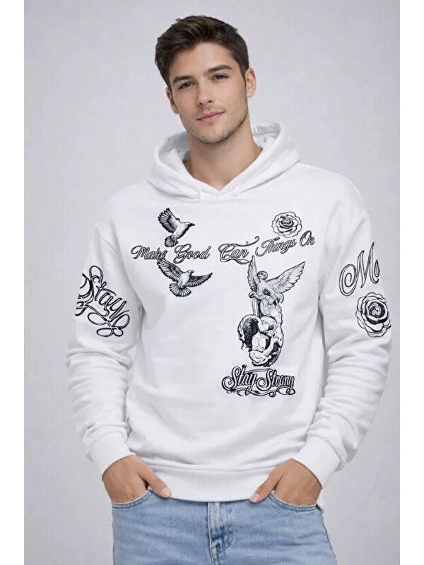 Jane's Erkek 3 İplik Pamuklu Kapüşonlu Baskılı Sweatshirt Hoodie