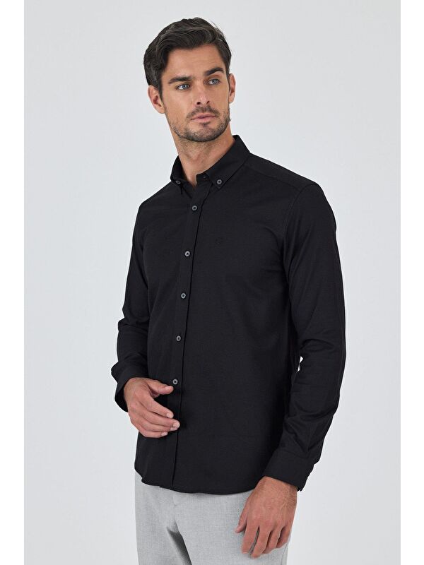 İMZA Uzun Kol Düz Bez Ayağı Düğmeli Yaka Cepsiz Pamuklu Casual Slim Fit Gömlek 1004250212