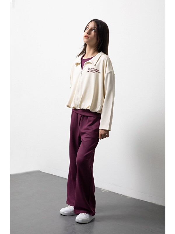 Cansın Mini Bordo Kız Çocuk Fermuarlı Hırkalı Yazı Baskılı Geniş Paça Pantolonlu 3lü Takım 24836