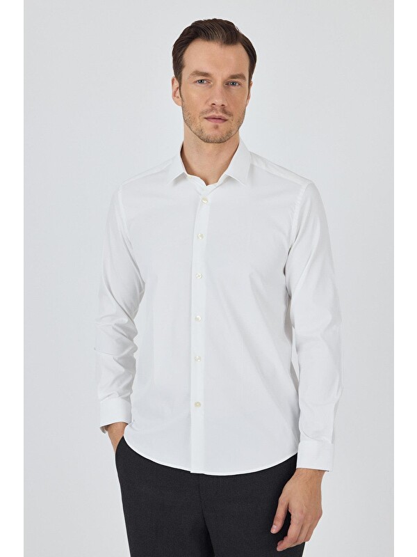 İMZA Açık Krem Sert Yaka Cepsiz Gabardin Uzun Kol Slim Fit Esnek Gömlek 1004250234