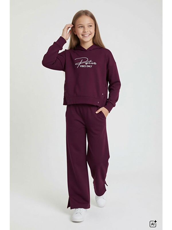 Cansın Mini Bordo Kız Çocuk Çıtçıt Detaylı Kabartmalı Sweatshirt Geniş Paça 2li Eşofman Takımı 24765