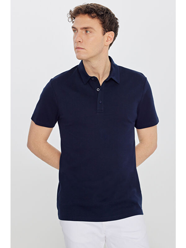 Altınyıldız Classics Erkek Lacivert %100 Pamuk Slim Fit Dar Kesim Polo Yaka Tişört