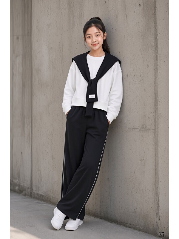 Cansın Mini Siyah Kız Çocuk Omuz Bağlama Detaylı Sweatshirt Geniş Paça Pantolon 2li Takım 24758