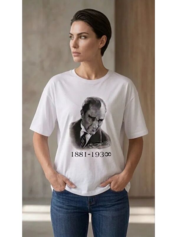 Jane's Atatürk Baskılı Tişört Kısa Kollu Bisiklet Yaka T-Shirt - Beyaz