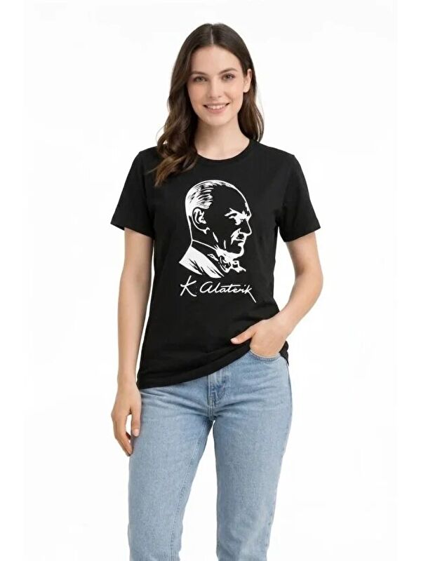 Jane's Atatürk Baskılı Tişört Kısa Kollu Bisiklet Yaka T-Shirt - Siyah