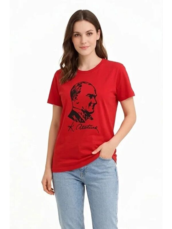 Jane's Atatürk Baskılı Tişört Kısa Kollu Bisiklet Yaka T-Shirt - Kırmızı