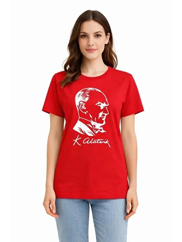 Jane's Atatürk Baskılı Tişört Kısa Kollu Bisiklet Yaka T-Shirt - Kırmızı