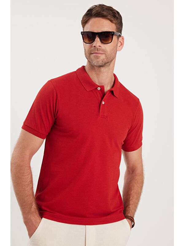 TUDORS Erkek Slim Fit Dar Kesim Pamuklu Yumuşak Dokulu Serin Tutan Kumaş Düz Pike Bordo Polo Yaka Tişört