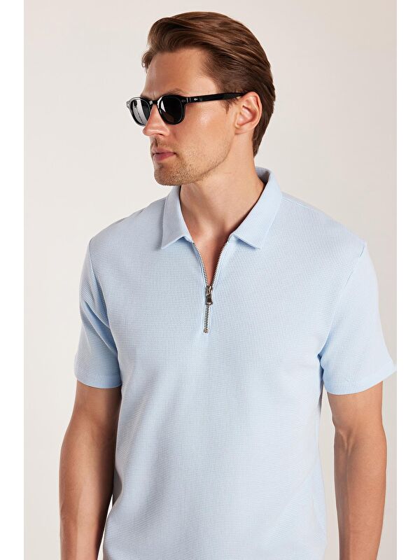 TUDORS Erkek Slim Fit Dar Kesim %100 Pamuk Fermuarlı Mavi Polo Yaka Tişört