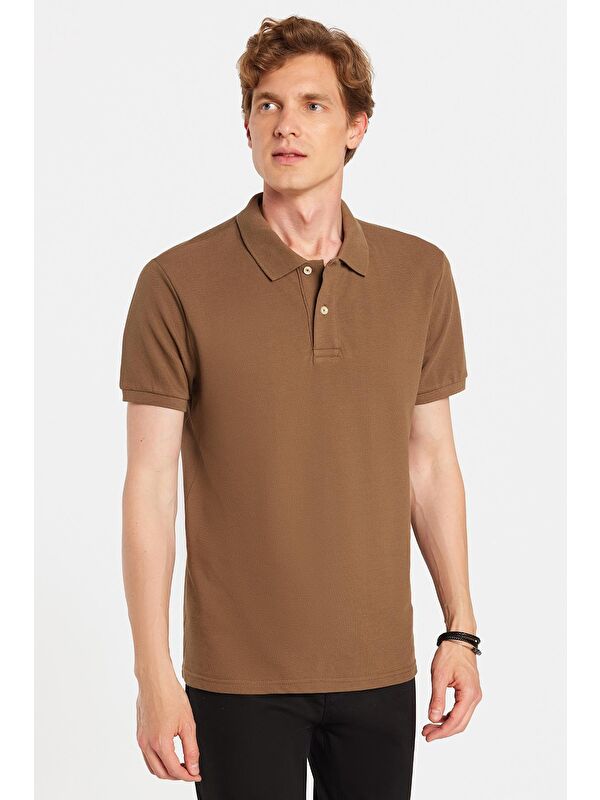 TUDORS Erkek Slim Fit Dar Kesim %100 Pamuk Kahverengi Polo Yaka Tişört
