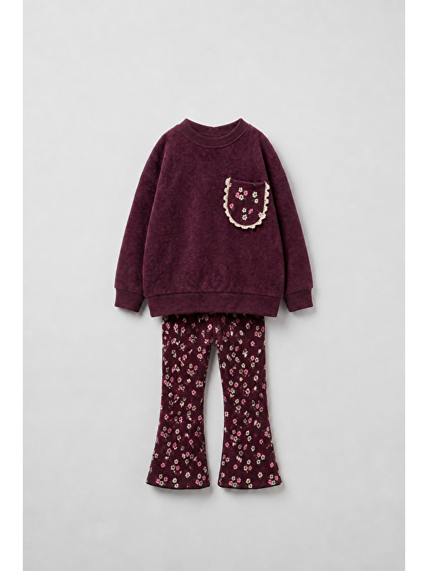 Magu Kız Çocuk Çiçek Desenli Bordo Sweatshirt Ve İspanyol Paça Tayt Takımı