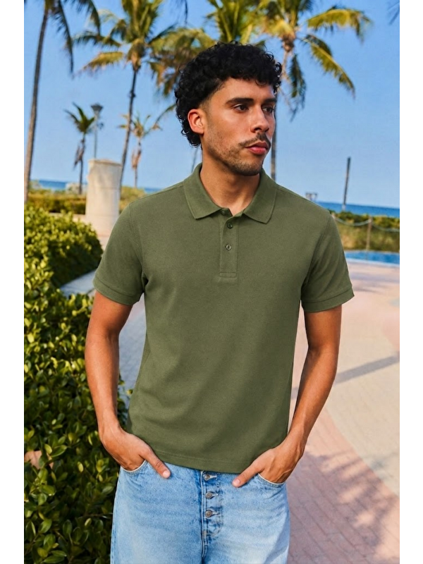 COMBINE Erkek Kısa Kollu Haki Bol Polo Yaka Tişört