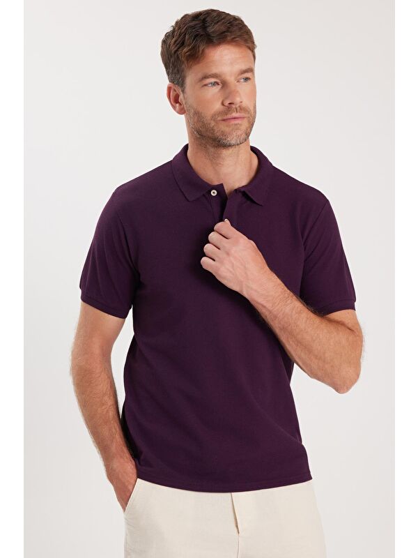 TUDORS Erkek Slim Fit Dar Kesim Pamuklu Yumuşak Dokulu Serin Tutan Kumaş Düz Pike Mürdüm Polo Yaka Tişört