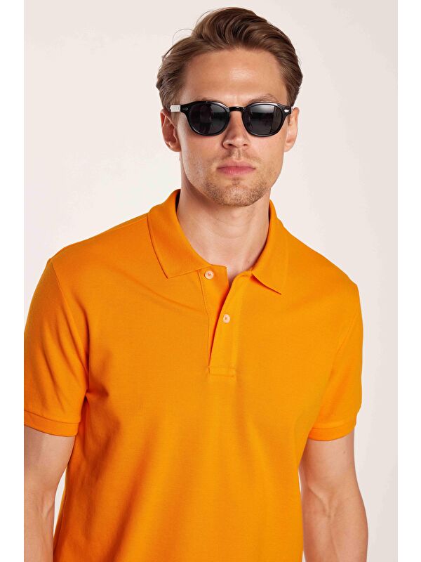 TUDORS Erkek Slim Fit Dar Kesim %100 Pamuk Turuncu Polo Yaka Tişört