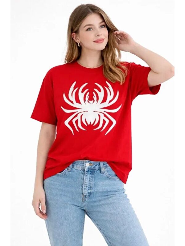 Jane's Örümcek Baskılı Tişört Kısa Kollu Bisiklet Yaka T-Shirt - Kırmızı