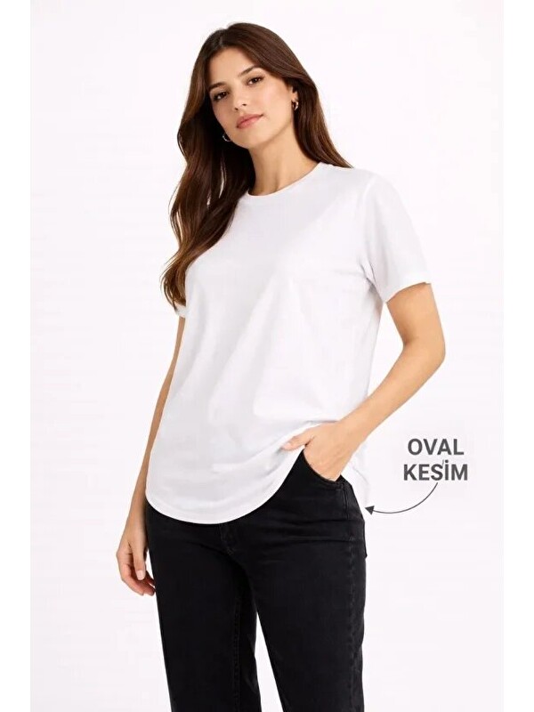 Jane's Basic T-Shirt Kısa Kol Bisiklet Yaka Oval Kesim Tişört - Beyaz