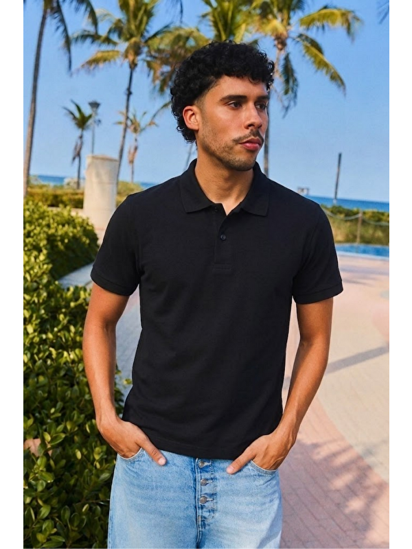 COMBINE Erkek Kısa Kollu Siyah Bol Polo Yaka Tişört