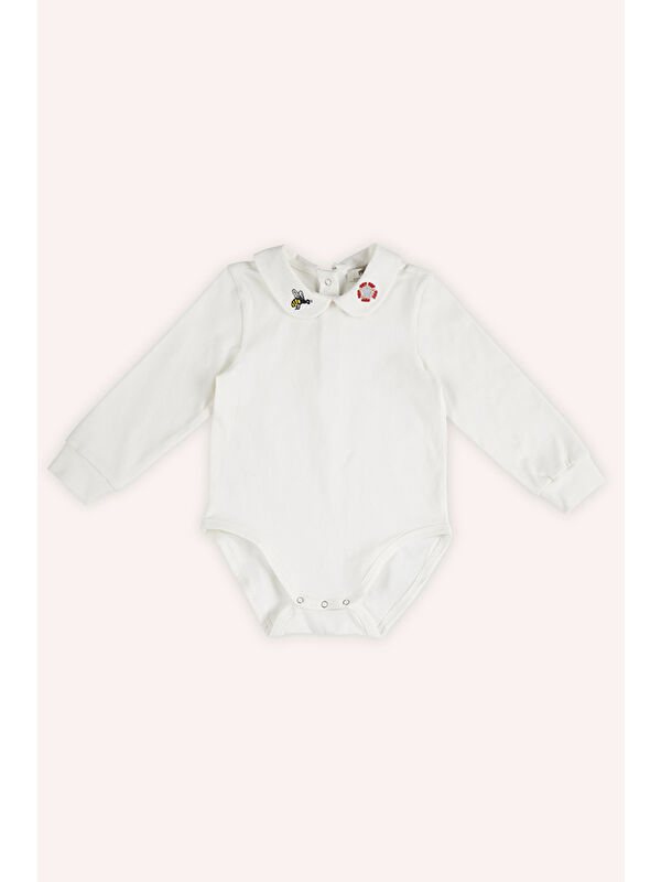 Panço Kız Bebek Yakası Nakış Detaylı Ekru Body