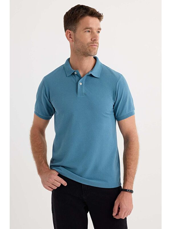 TUDORS Erkek Slim Fit Dar Kesim Pamuklu Yumuşak Dokulu Serin Tutan Kumaş Düz Pike Mavi Polo Yaka Tişört