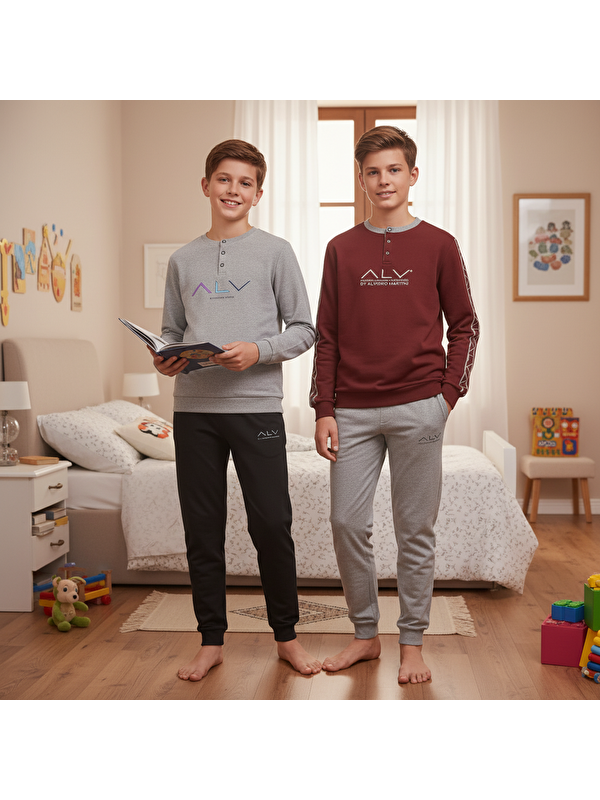Bonbon Genç Erkek Pamuklu 2 Adet 2'Li Pijama Takımı Al009 V1, Al003 V1 Bb2462
