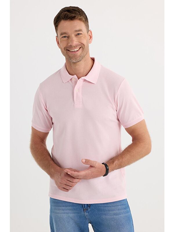 TUDORS Erkek Slim Fit Dar Kesim Pamuklu Yumuşak Dokulu Serin Tutan Kumaş Düz Pike Pembe Polo Yaka Tişört