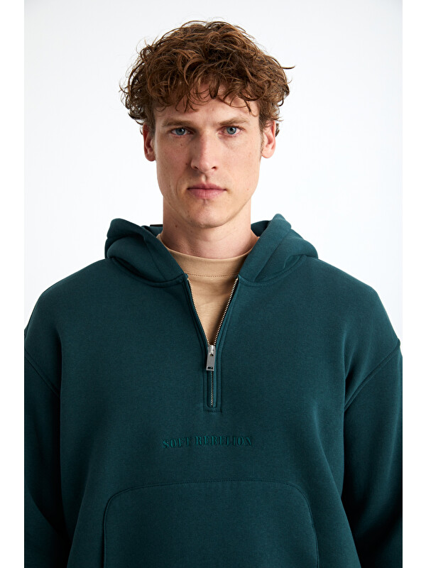 GRIMELANGE PAVLE Erkek Kapüşonlu Kanguru Cepli Fermuar Yakalı YEŞİL Sweatshirt