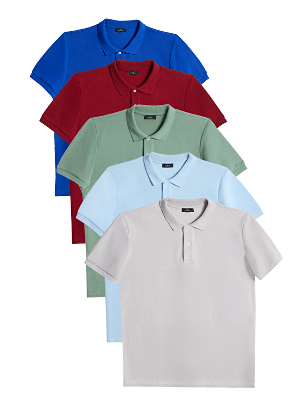 TUDORS Erkek 5'Li Paket Saks Mavi-Bordo-Su Yeşili-Mavi-Gri Slim Fit Pamuklu Düz Pike Polo Yaka Tişört