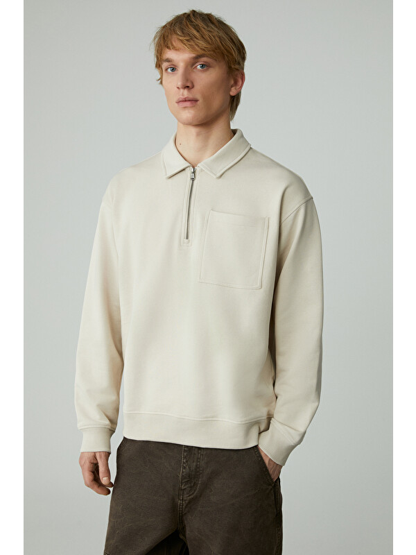 GRIMELANGE SHIFTD Erkek Bisiklet Yaka Uzun Kollu Fermuarlı BEJ Sweatshirt
