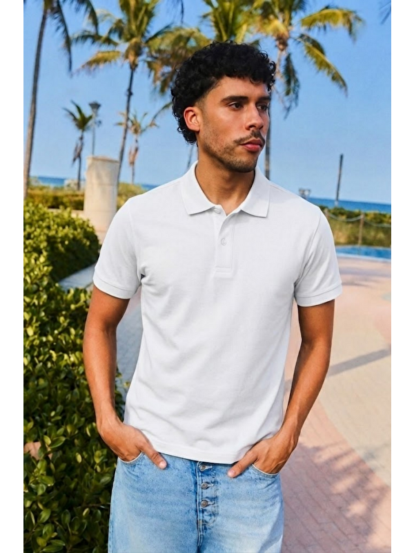 COMBINE Erkek Kısa Kollu Beyaz Bol Polo Yaka Tişört