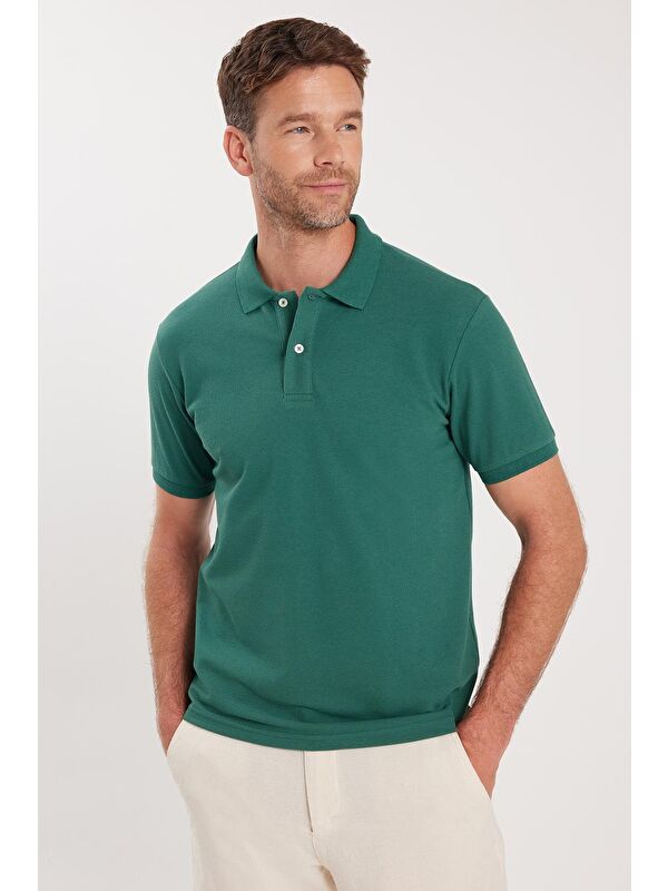 TUDORS Erkek Slim Fit Dar Kesim Pamuklu Yumuşak Dokulu Serin Tutan Kumaş Düz Pike Yeşil Polo Yaka Tişört