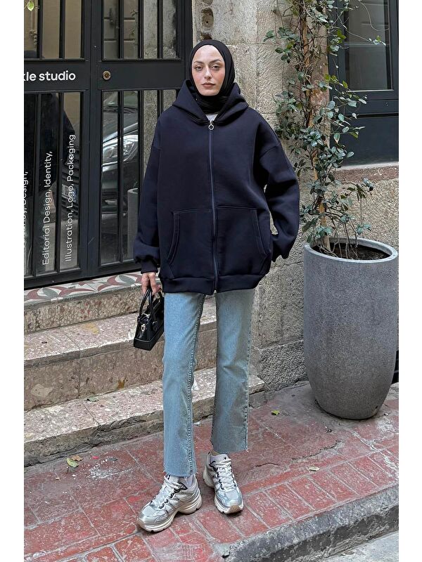 Lamelif Kapüşonlu Oversize Yan Cepli Sweat Lacivert