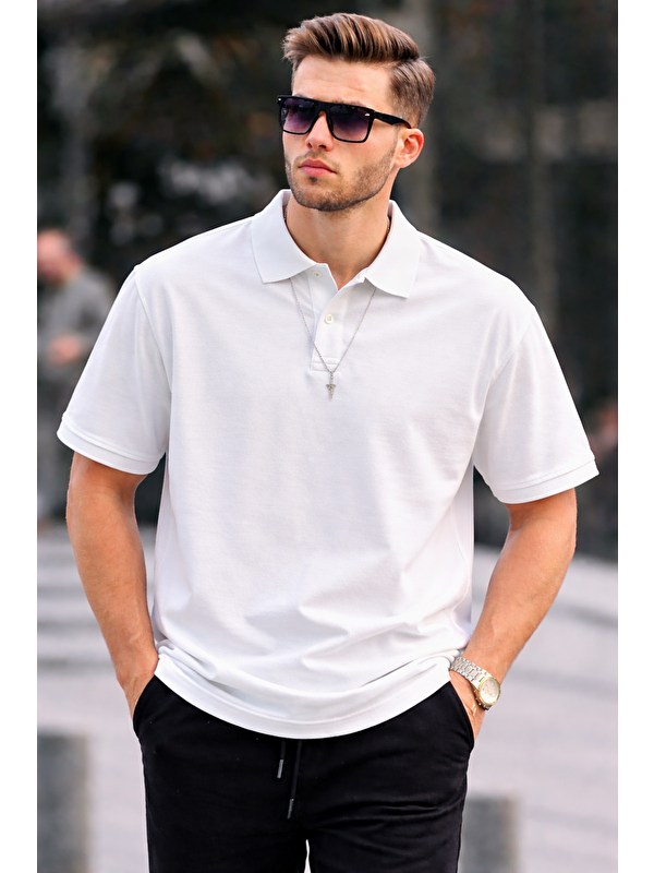 COMBINE Erkek Basic Relax Beyaz Polo Yaka Tişört