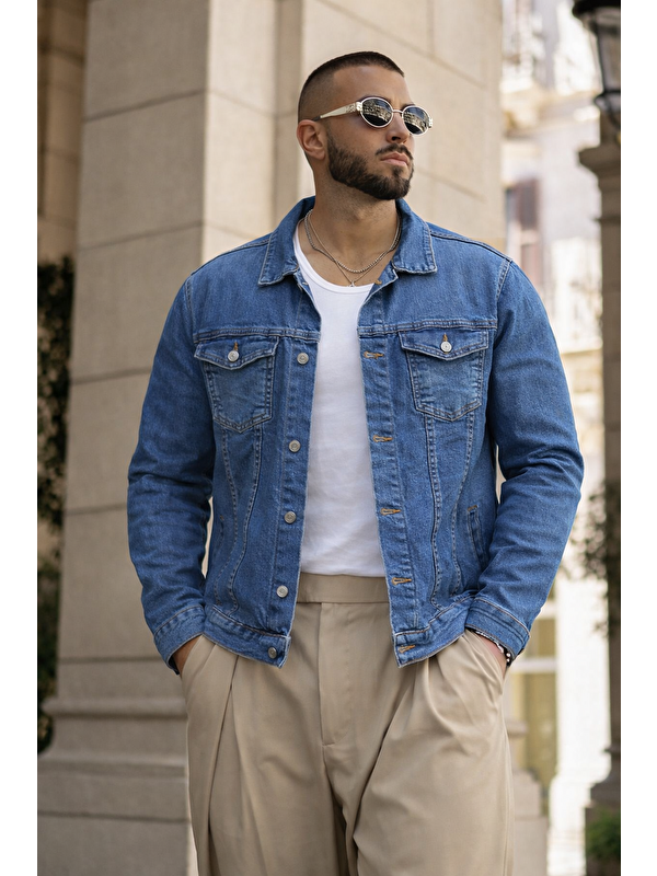 Comstar Erkek Trend Günlük Basic Cepli Dar Mavi Jean Ceket